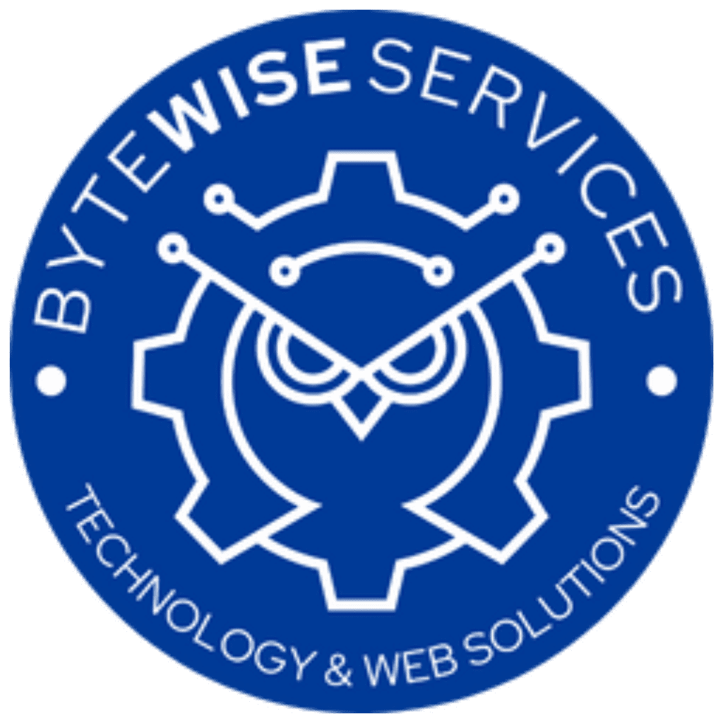 Circular ByteWise Services Logo on a field of blue