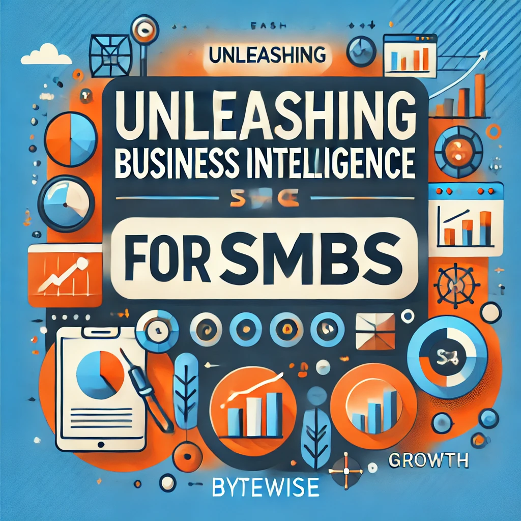 Vibrant, professional featured image for a blog post titled 'Unleashing Business Intelligence for SMBs.' The design features bold text and icons representing data, charts, and growth, using a color palette of blue, white, and orange. The background includes subtle geometric shapes, emphasizing the power of business intelligence for small and medium-sized businesses.